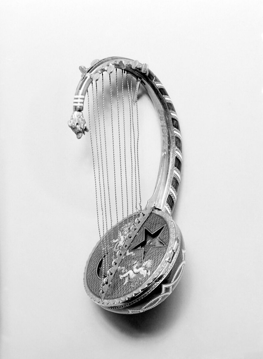 Watch in the form of an Egyptian lyre, Watchmaker: Philippe Meynadier (recorded about 1780–early 19th century)), Case of gold and enamel, probably  Austrian, Vienna 