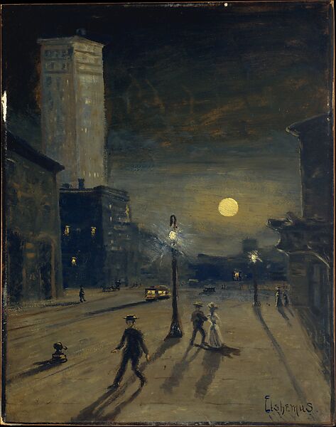 New York at Night, Louis Michel Eilshemius (American, Newark, New Jersey 1864–1941 New York), Oil on cardboard, mounted on Masonite, American 