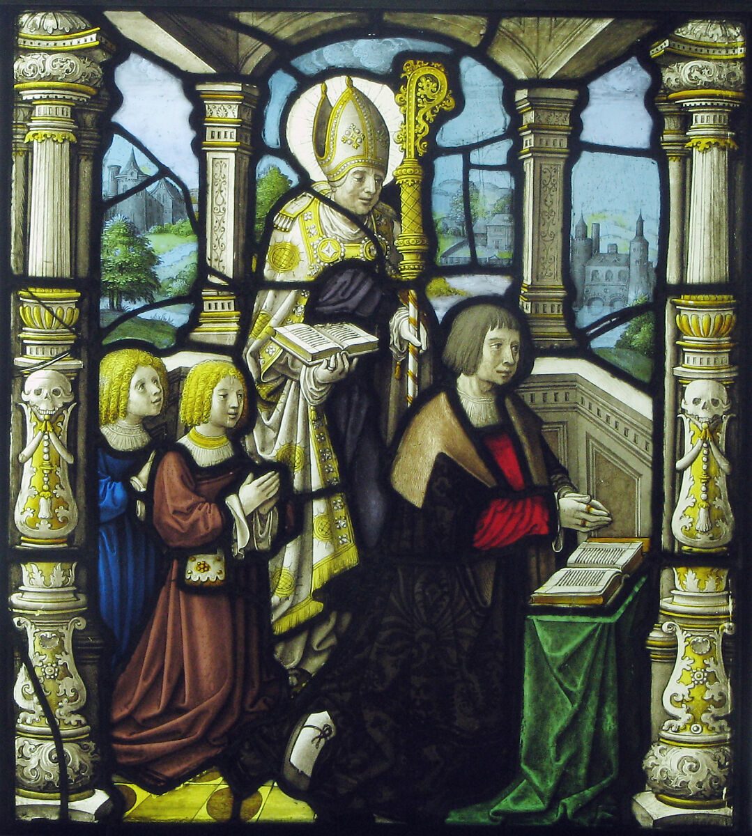 A donor and his sons protected by his patron, a bishop, Stained glass, Flemish 