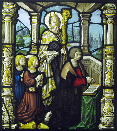 A donor and his sons protected by his patron, a bishop