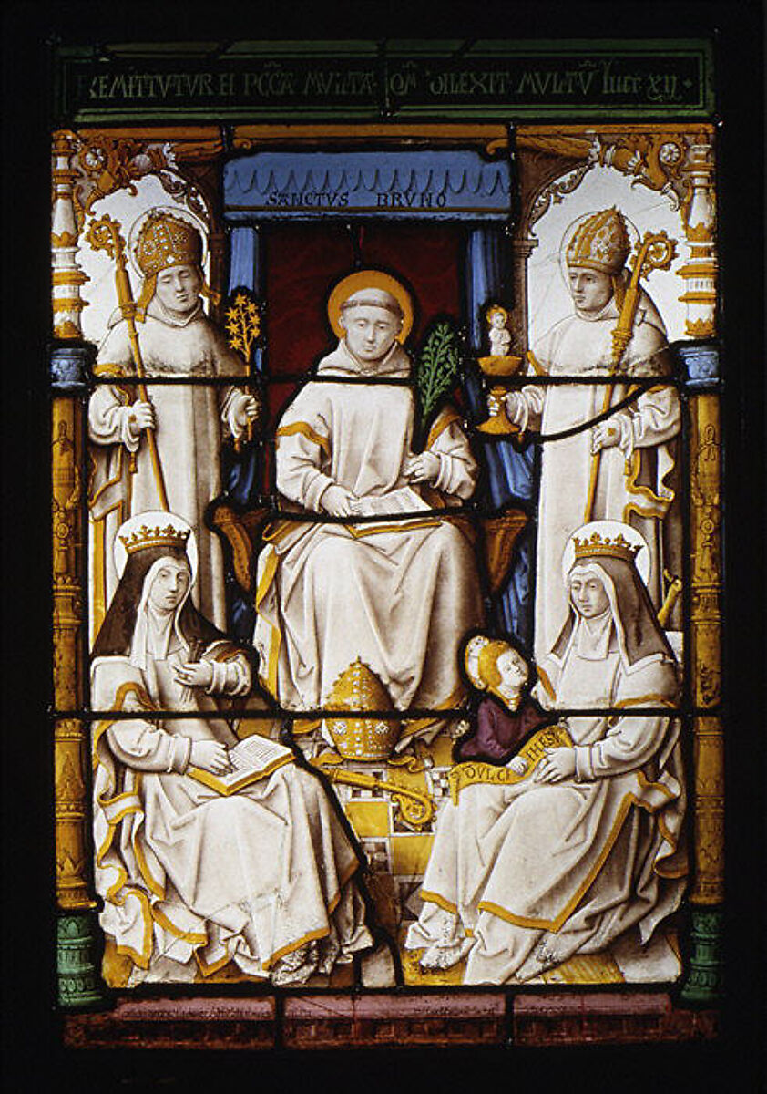 Saint Bruno, founder of the Carthusian Order, with other saints, Stained glass, possibly Flemish, Leuven 