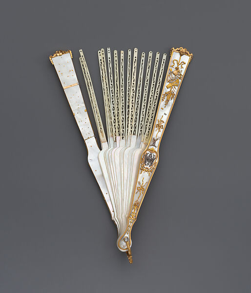 Fan, Mother-of-pearl, gold, silver, ivory, diamonds and lace, Belgian, Brussels with French sticks