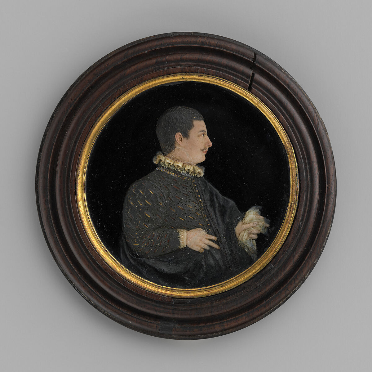 Portrait of a gentleman, Relief: pigmented wax, black glass, seed pearls, gilding;  frame: glass, gilded and black wood, Italian, probably Florence 