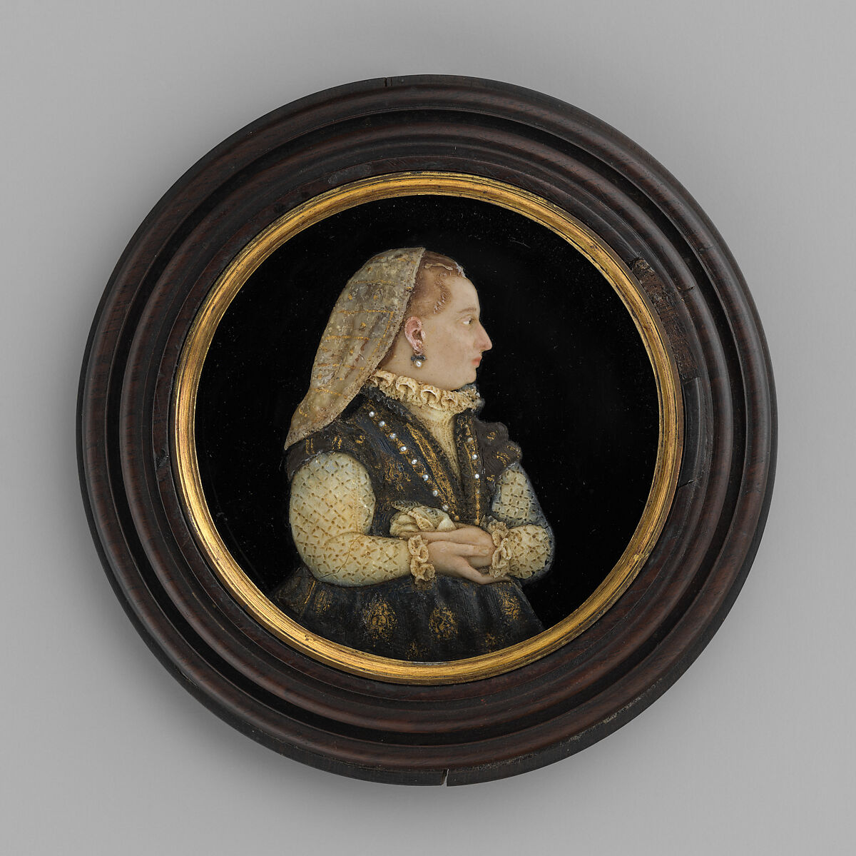 Portrait of a lady, Relief: pigmented wax, black glass, seed pearls, gilding;  frame: glass, gilded and black wood, Italian, Florence 