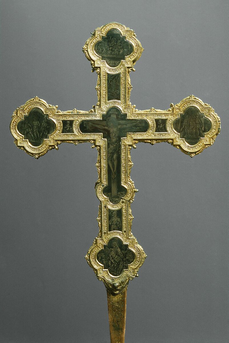 Processional cross, Partly gilt silver, niello, and copper with traces of gilding, over wood, Italian, Florence