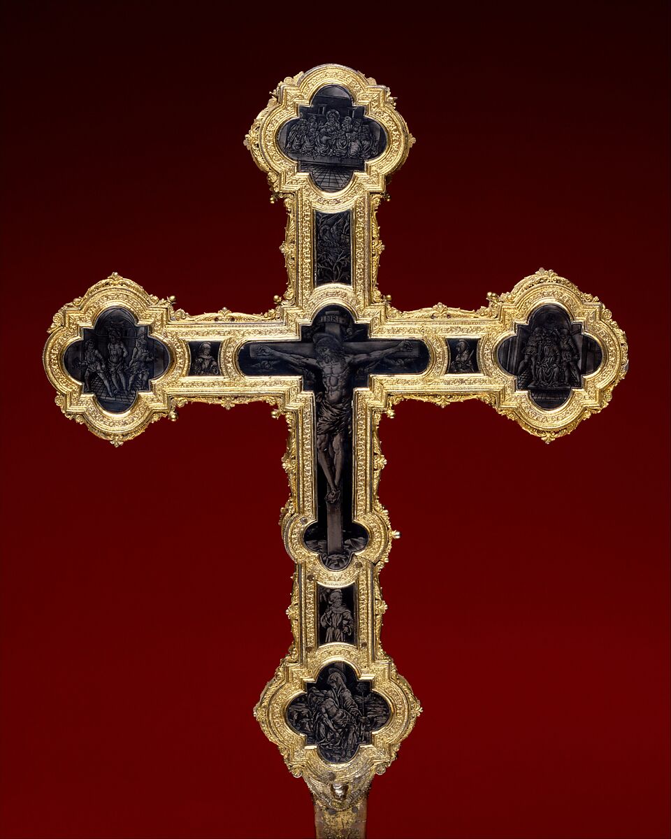 Processional cross, Partly gilt silver, niello, and copper with traces of gilding, over wood, Italian, Florence 