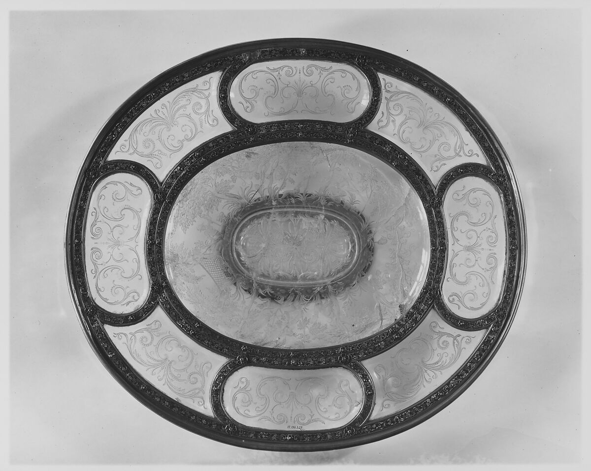 Salver, Outer plaques and mounts after a design by Reinhold Vasters (German, Erkelenz 1827–1909 Aachen), Rock crystal, silver gilt, enamel, Italian, Milan 
