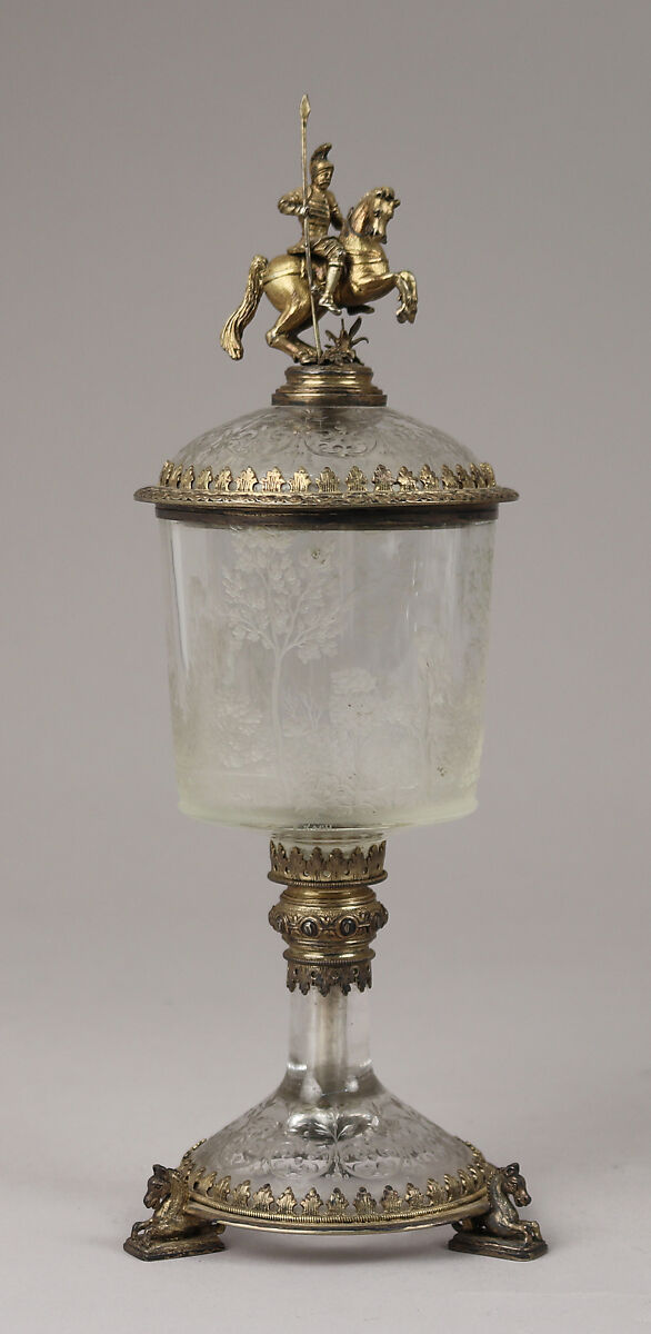 Standing cup with cover, Engraved by Franz Paul Zach (1819–1881), Glass, silver gilt, German, Munich 