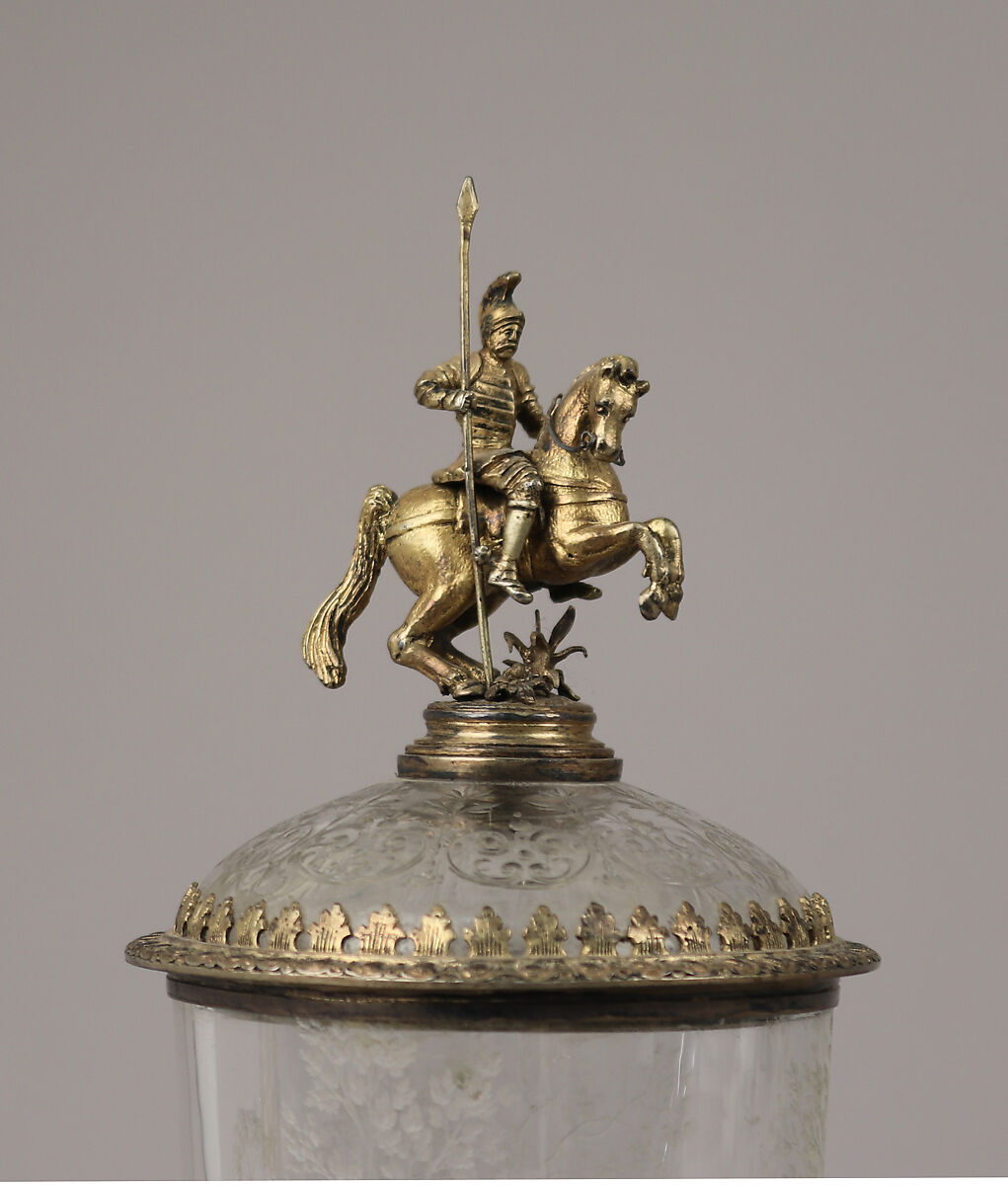 Standing cup with cover, Engraved by Franz Paul Zach (1819–1881), Glass, silver gilt, German, Munich