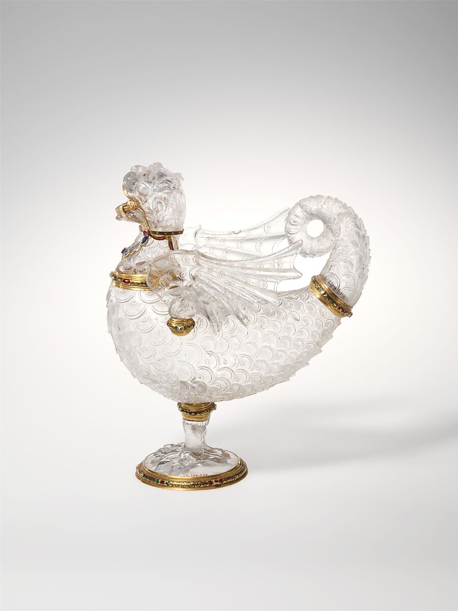 Table ornament in the form of a monster, Workshop of The Saracchi, Milan, Rock crystal, enameled gold mounts, set with diamonds and rubies, Italian, Milan