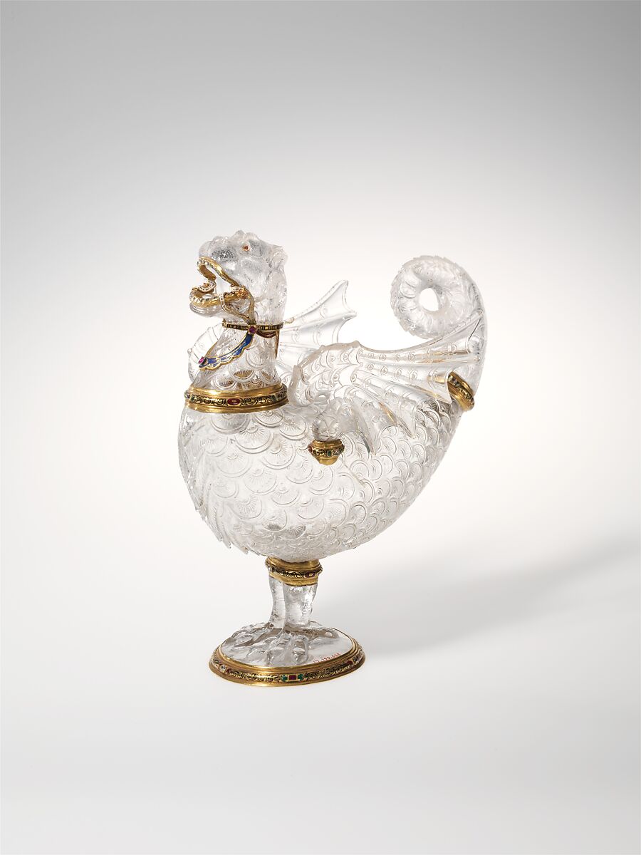 Table ornament in the form of a monster, Workshop of The Saracchi, Milan, Rock crystal, enameled gold mounts, set with diamonds and rubies, Italian, Milan