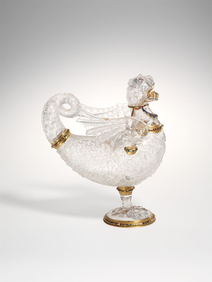 Table ornament in the form of a monster, Workshop of The Saracchi, Milan, Rock crystal, enameled gold mounts, set with diamonds and rubies, Italian, Milan