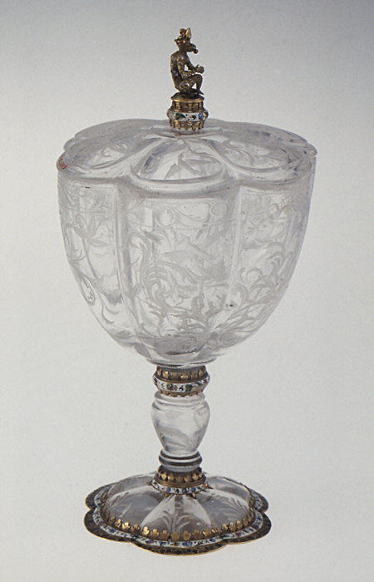 Vase with cover, Possibly by Imperial Court Workshop, Prague, Rock crystal, gold, enamel, gems, German or Bohemian, Prague 