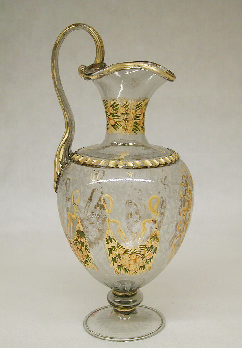 Ewer, Glass, "cold-paint," gilt, Austrian, Innsbruck 