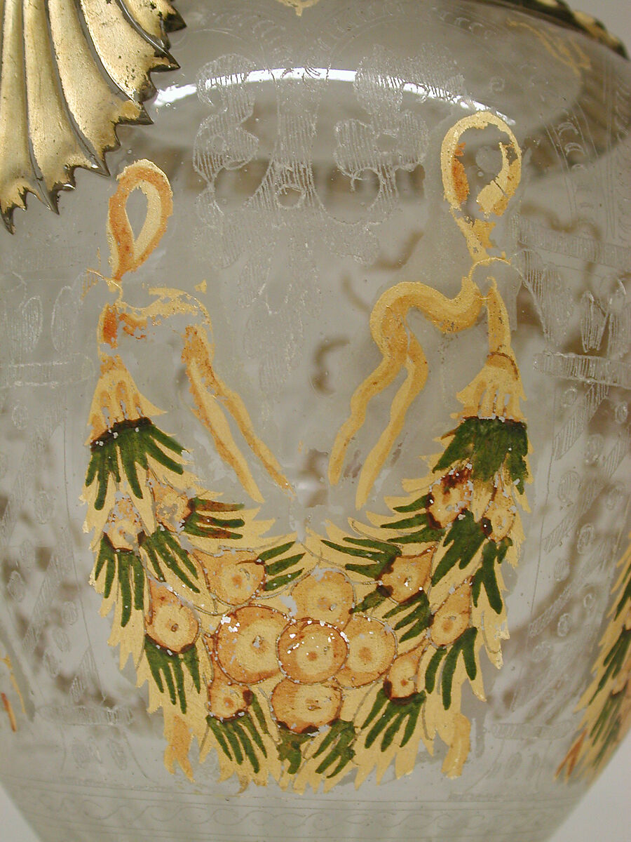Ewer, Glass, "cold-paint," gilt, Austrian, Innsbruck
