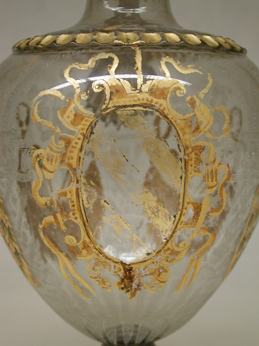 Ewer, Glass, "cold-paint," gilt, Austrian, Innsbruck