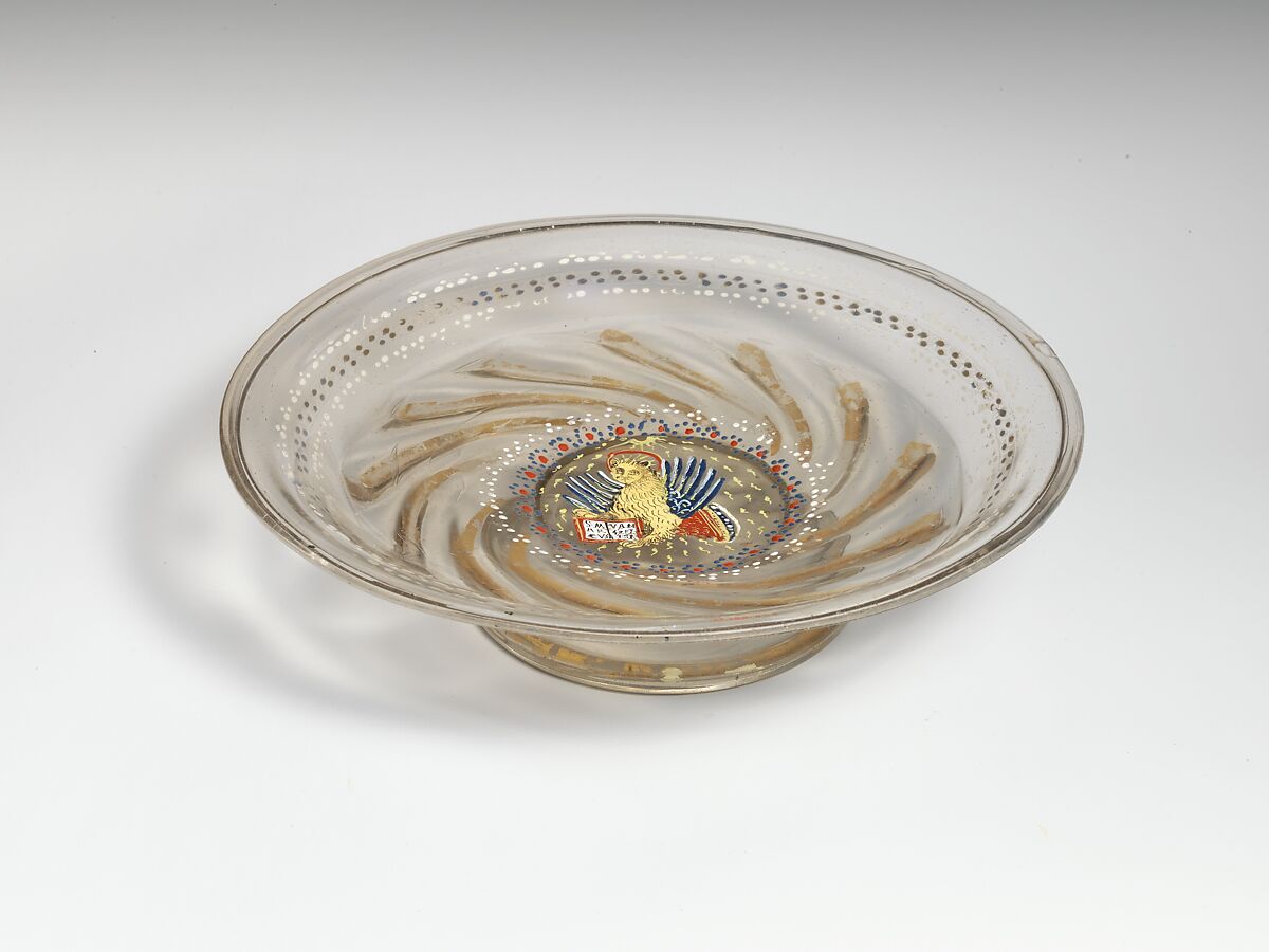 Low footed bowl with central medallion of the winged lion of St. Mark in colored enamels, Glass, enamelled and gilt, Italian, Venice (Murano)