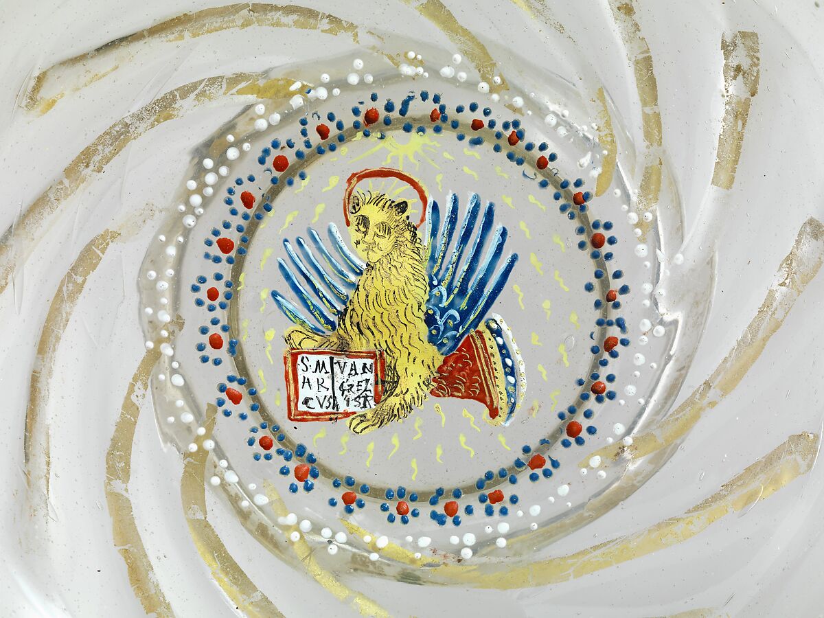 Low footed bowl with central medallion of the winged lion of St. Mark in colored enamels, Glass, enamelled and gilt, Italian, Venice (Murano)