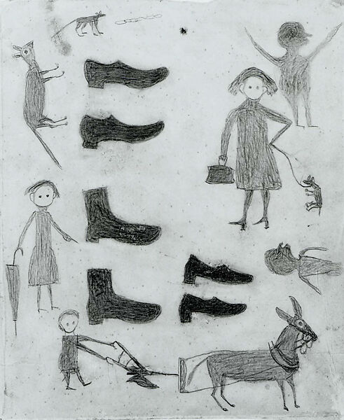 Shoes, Figures, Etc., Bill Traylor (American, Benton, Alabama ca. 1853–1949 Montgomery, Alabama), Pencil on cardboard, American