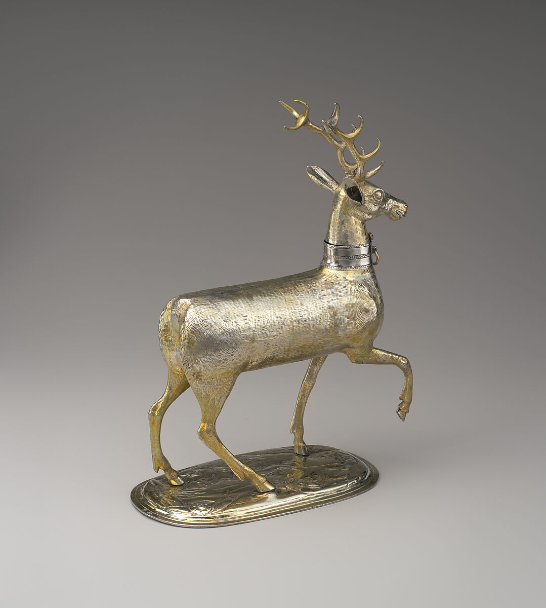 Cup in the form of a stag, Christoph Beham (master 1572, died 1610), Partly gilded silver, gemstone, German, Augsburg