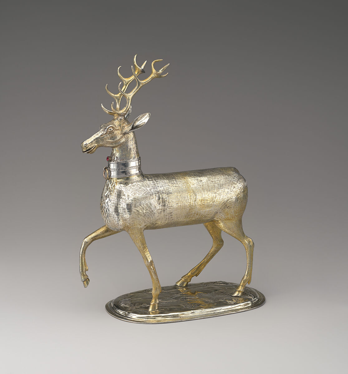 Cup in the form of a stag, Christoph Beham, Partly gilded silver, gemstone, German, Augsburg