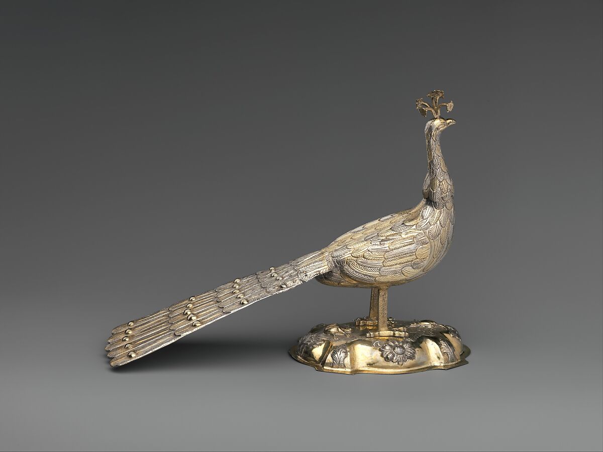 Cup in the form of a peacock, Silver, partly gilded, possibly Hungarian 