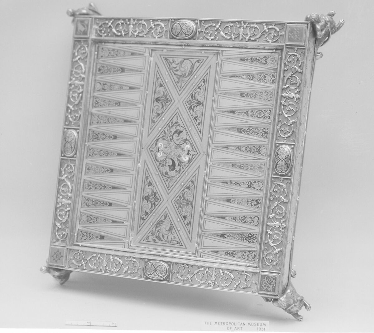 Tric-trac board, Silver, champlevé enamel, verre églomisé, Southern German