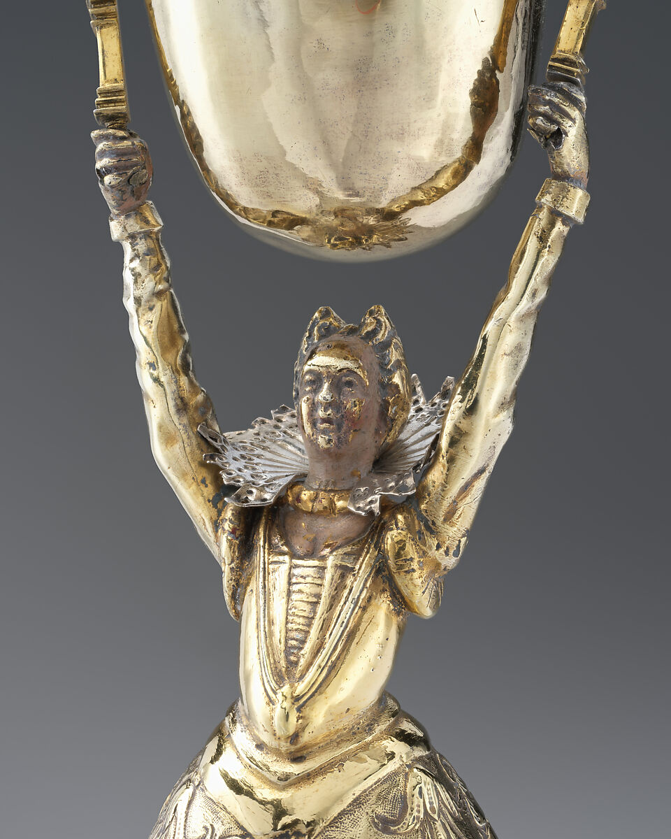 Wager cup (Jungfrauenbecher), Hieronymus Imhof (master 1620, died 1635), Silver, partly gilt, cold-painted enamel, German, Augsburg