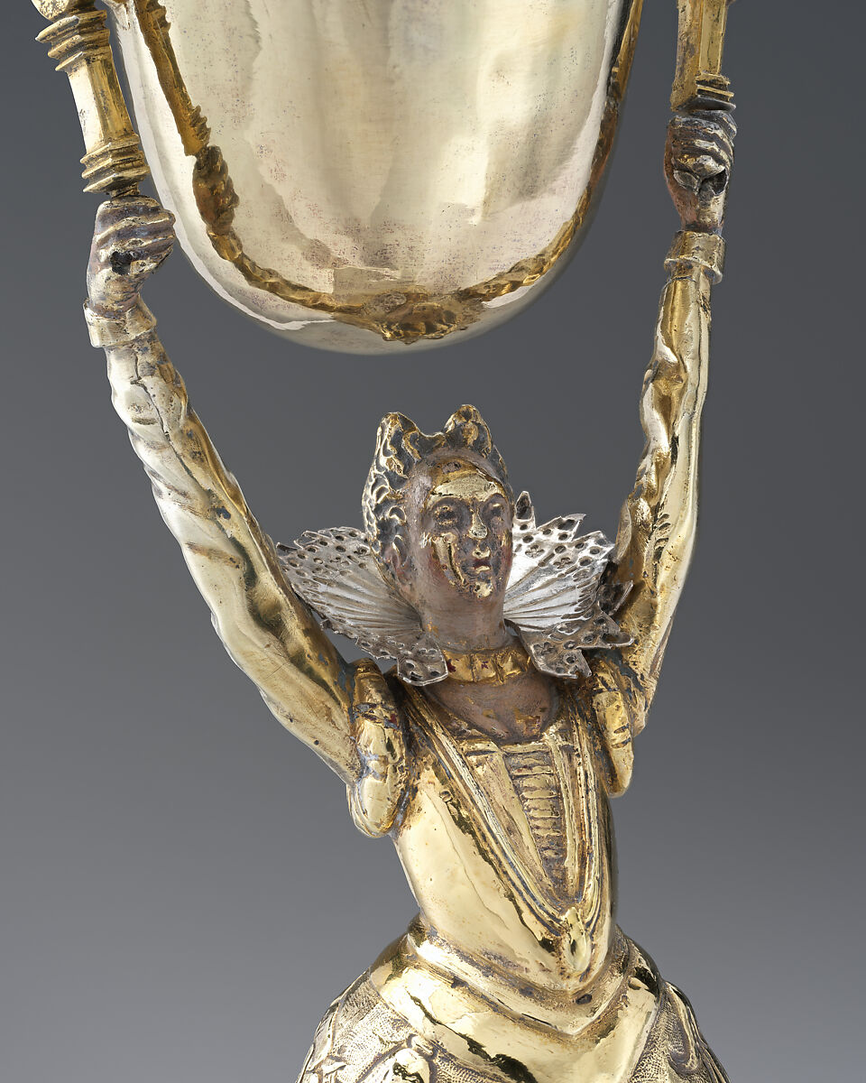 Wager cup (Jungfrauenbecher), Hieronymus Imhof (master 1620, died 1635), Silver, partly gilt, cold-painted enamel, German, Augsburg