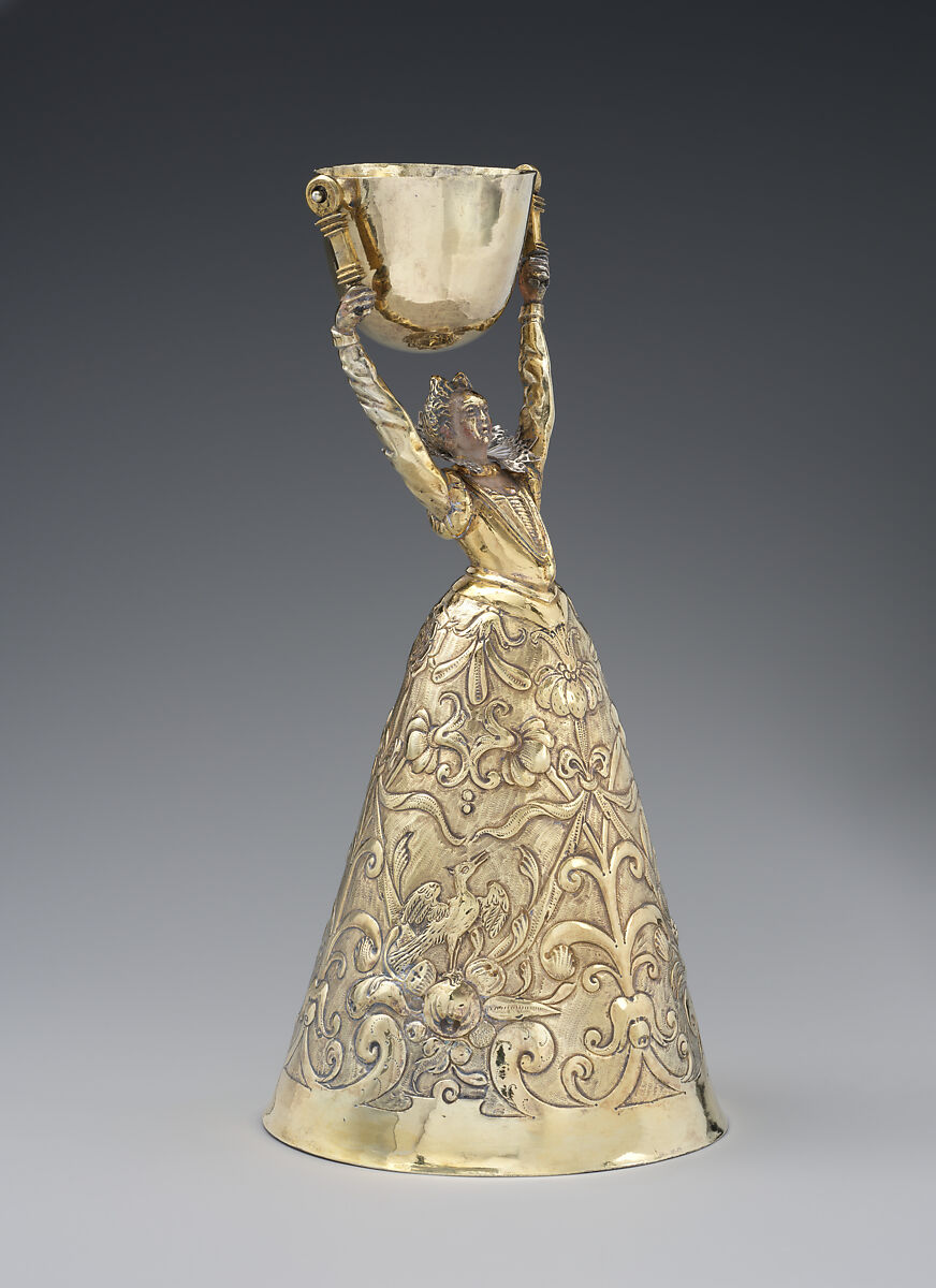 Wager cup (Jungfrauenbecher), Hieronymus Imhof (master 1620, died 1635), Silver, partly gilt, cold-painted enamel, German, Augsburg