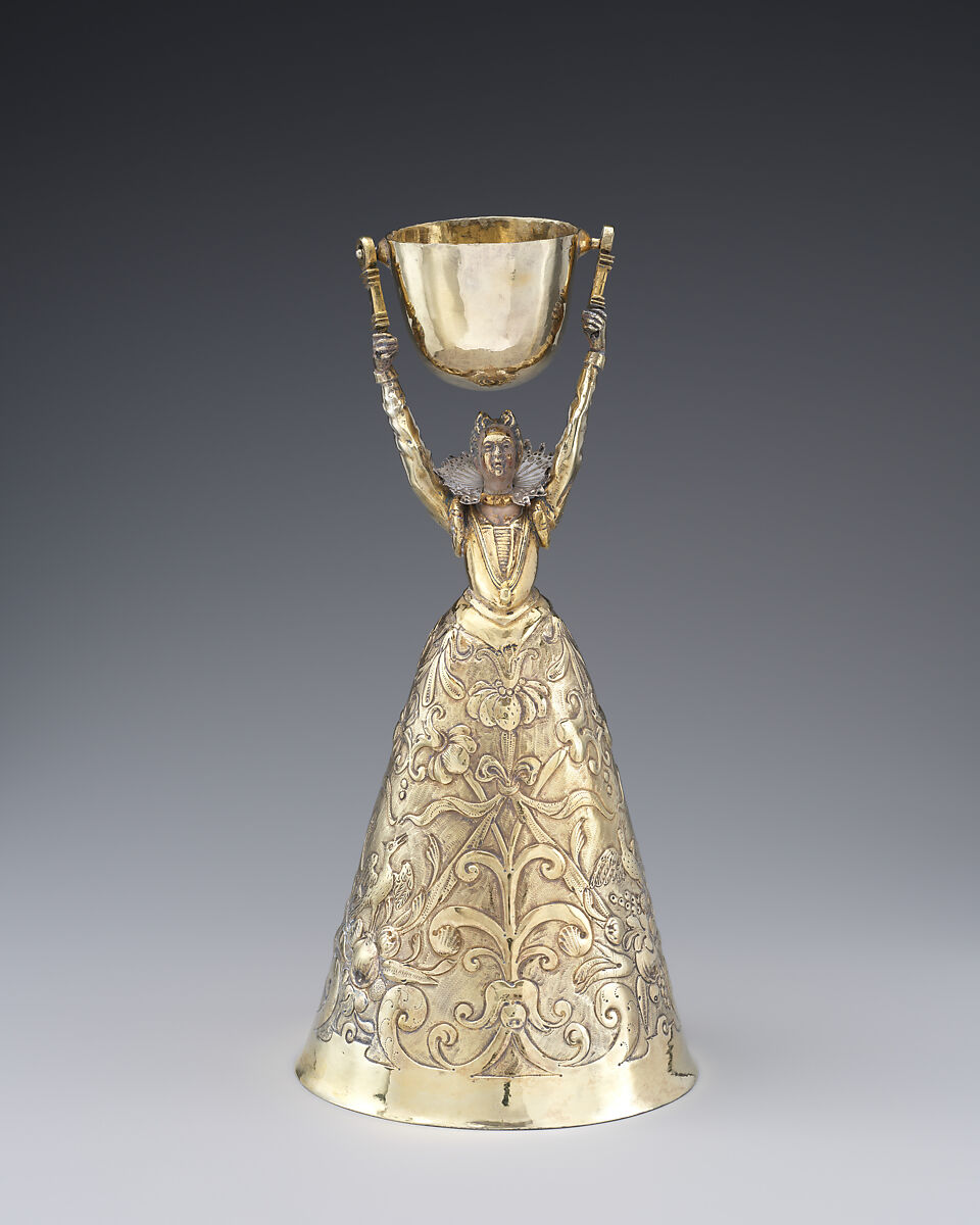 Wager cup (Jungfrauenbecher), Hieronymus Imhof (master 1620, died 1635), Silver, partly gilt, cold-painted enamel, German, Augsburg 