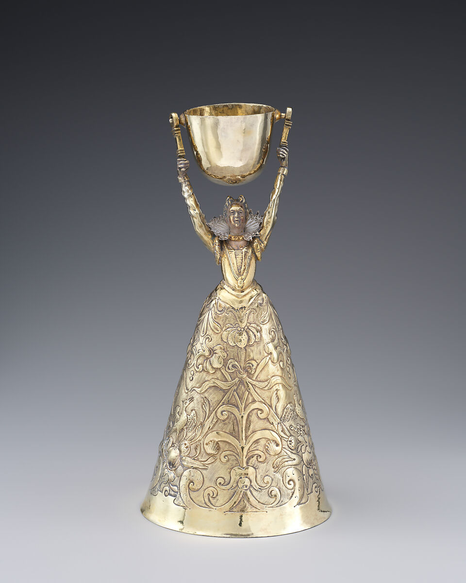 Wager cup (Jungfrauenbecher), Hieronymus Imhof, Silver, partly gilt, cold-painted enamel, German, Augsburg