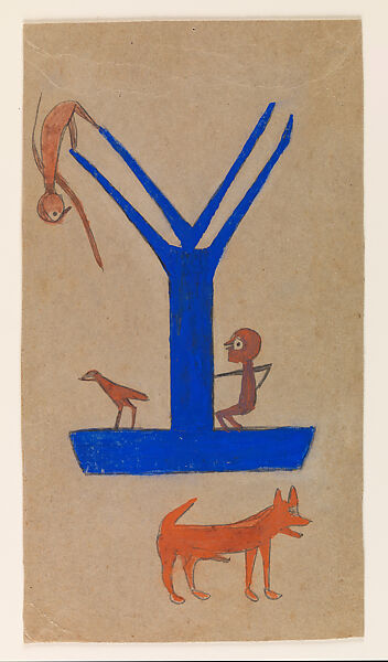 Blue Construction, Orange Figures, Bill Traylor (American, Benton, Alabama 1853/54–1949 Montgomery, Alabama), Gouache and graphite on cardboard, American 