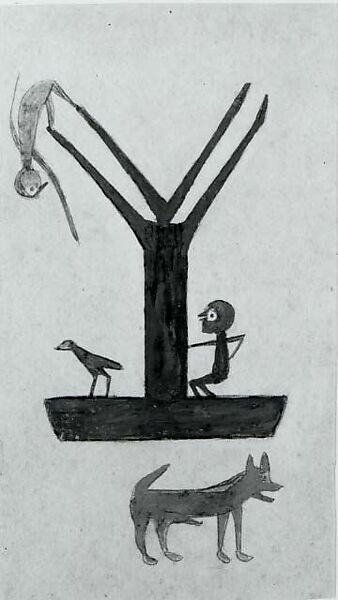 Blue Construction, Orange Figures, Bill Traylor (American, Benton, Alabama ca. 1853–1949 Montgomery, Alabama), Gouache and graphite on cardboard, American