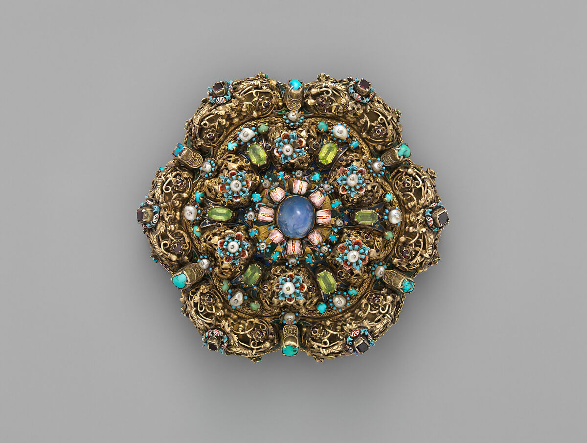 Dress ornament (heftel), Gold, enamel, sapphire, semiprecious stones, Hungarian 