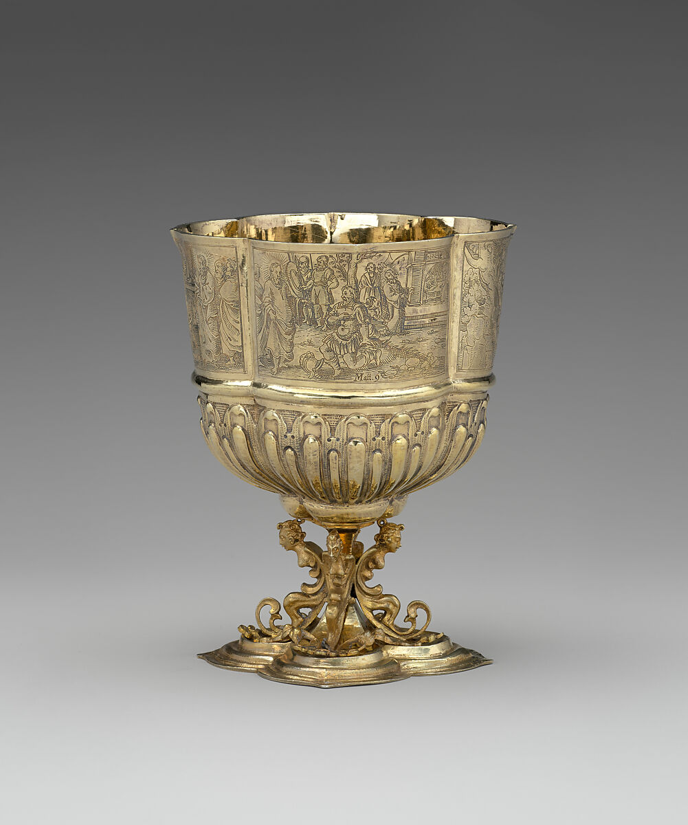 Cup with scenes from the New Testament (one of a pair), Franz Fischer (master 1600, died 1653), Silver gilt, German, Nuremberg