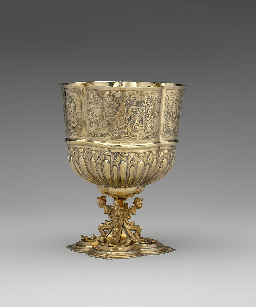 Cup with scenes from the New Testament (one of a pair), Franz Fischer (master 1600, died 1653), Silver gilt, German, Nuremberg