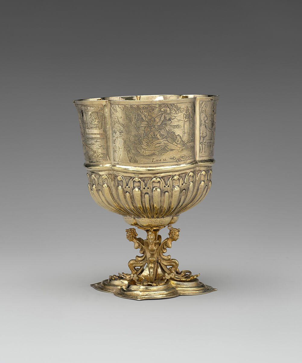 Cup with scenes from the New Testament (one of a pair), Franz Fischer (master 1600, died 1653), Silver gilt, German, Nuremberg 