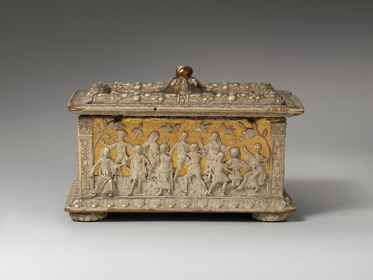 Casket (cassetta), Molded gesso on partly gilt wood (pastiglia), Italian, Ferrara