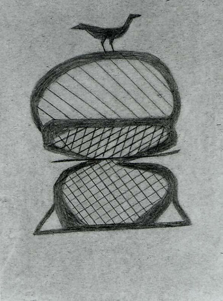 Basket with Bird, Bill Traylor (American, Benton, Alabama ca. 1853–1949 Montgomery, Alabama), Pencil on cardboard, American