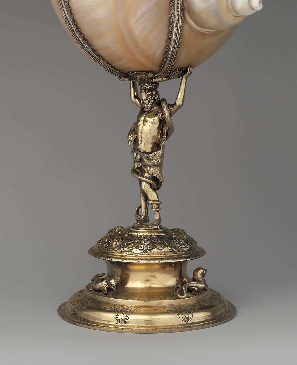 Standing cup, Casper Bendel (German, 1575–1599), Silver gilt, turban shell, Austrian, Breslau (Wrocław)