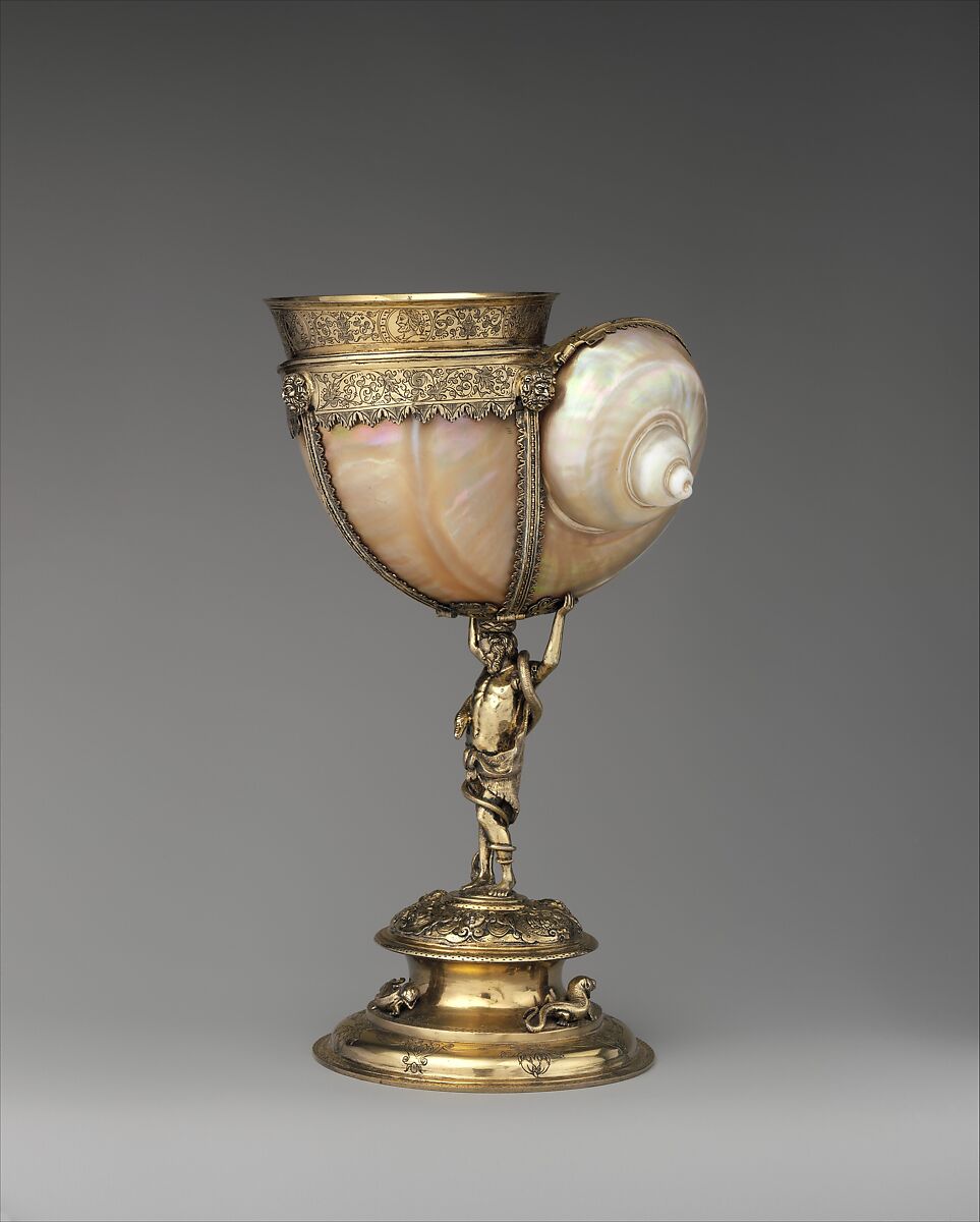 Standing cup, Casper Bendel (German, 1575–1599), Silver gilt, turban shell, Austrian, Breslau (Wrocław)