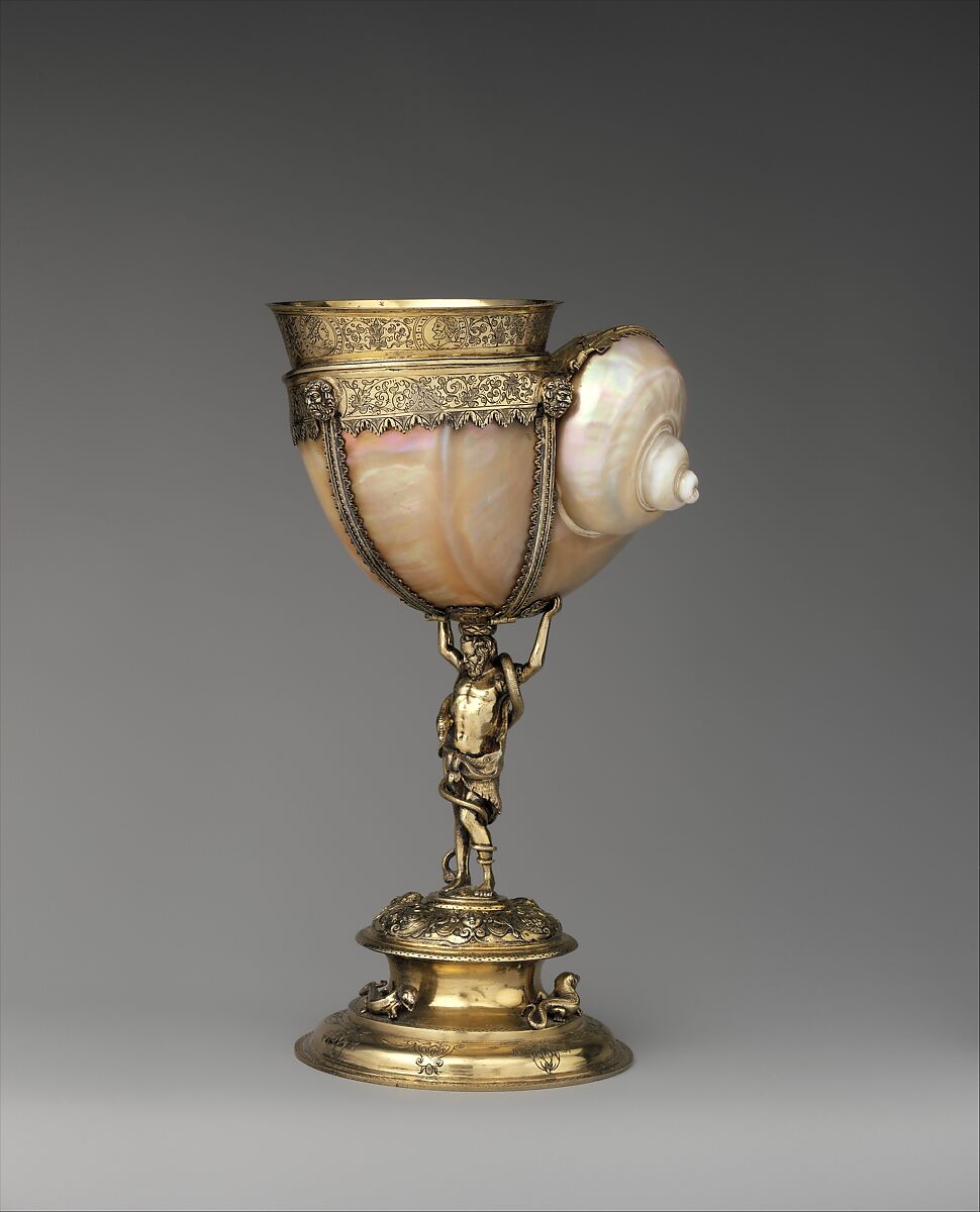 Standing cup, Casper Bendel (German, 1575–1599), Silver gilt, turban shell, Austrian, Breslau (Wrocław) 