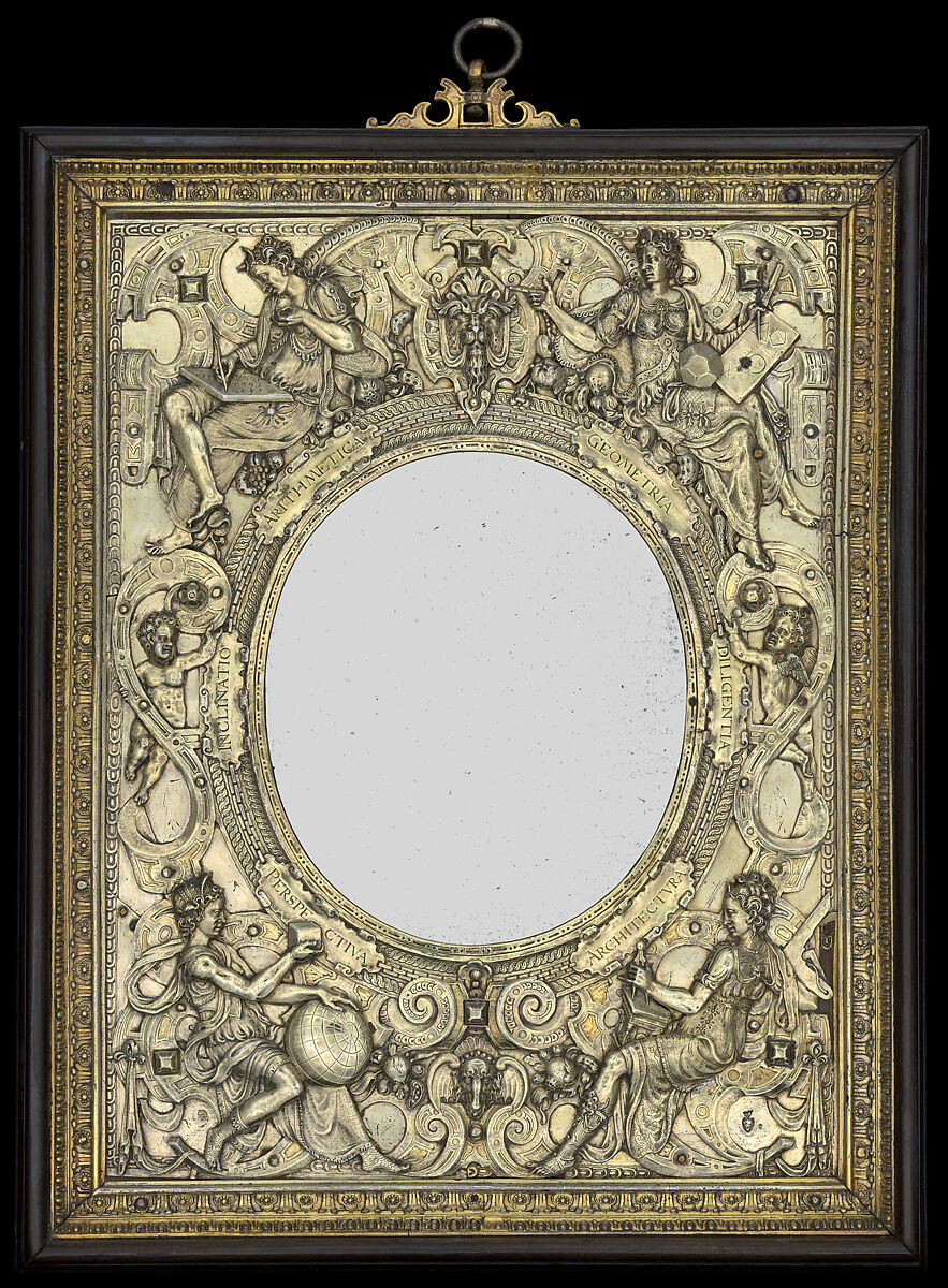 Relief mounted as a mirror frame, Wenzel Jamnitzer (German, Vienna 1507/8–1585 Nuremberg), Gilded silver, ebony, mirror plate (later), German, Nuremberg 