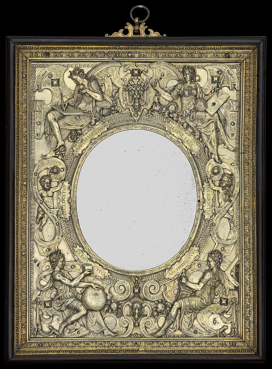 Relief mounted as a mirror frame, Wenzel Jamnitzer  German, Gilded silver, ebony, mirror plate (later), German, Nuremberg