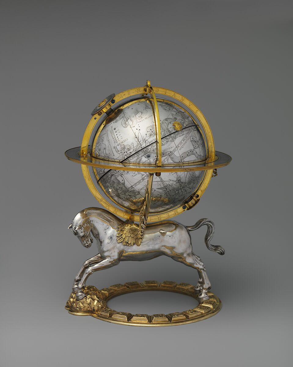 Celestial globe with clockwork, Gerhard Emmoser (German, active 1556–84), Case: partially gilded silver, gilded brass; movement: brass, steel, Austrian, Vienna