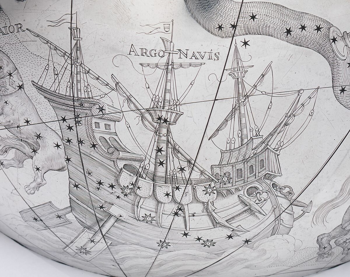 Celestial globe with clockwork, Gerhard Emmoser (German, active 1556–84), Case: partially gilded silver, gilded brass; movement: brass, steel, Austrian, Vienna