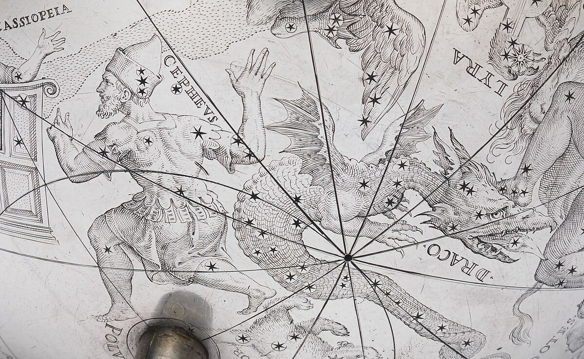 Celestial globe with clockwork, Gerhard Emmoser (German, active 1556–84), Case: partially gilded silver, gilded brass; movement: brass, steel, Austrian, Vienna