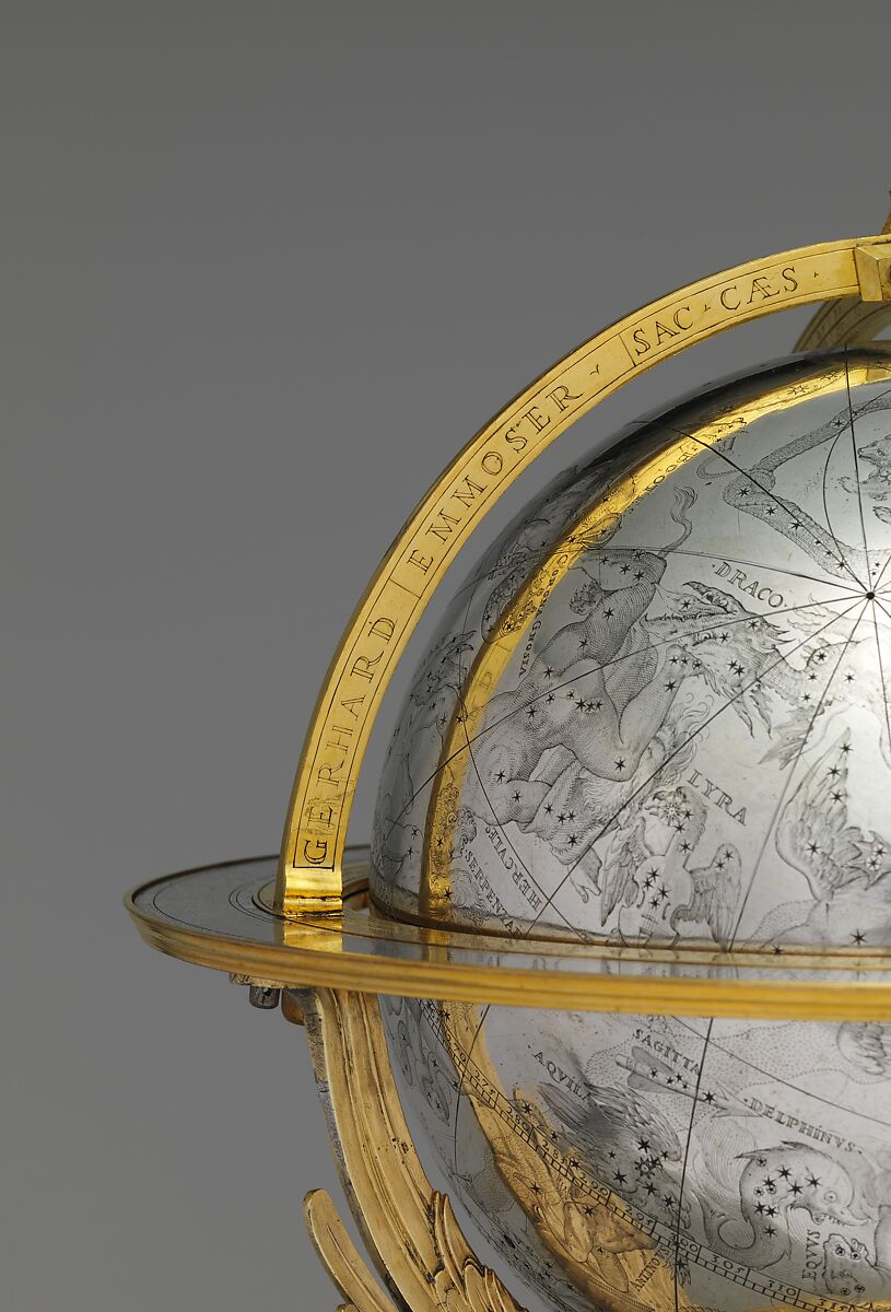 Celestial globe with clockwork, Gerhard Emmoser (German, active 1556–84), Case: partially gilded silver, gilded brass; movement: brass, steel, Austrian, Vienna
