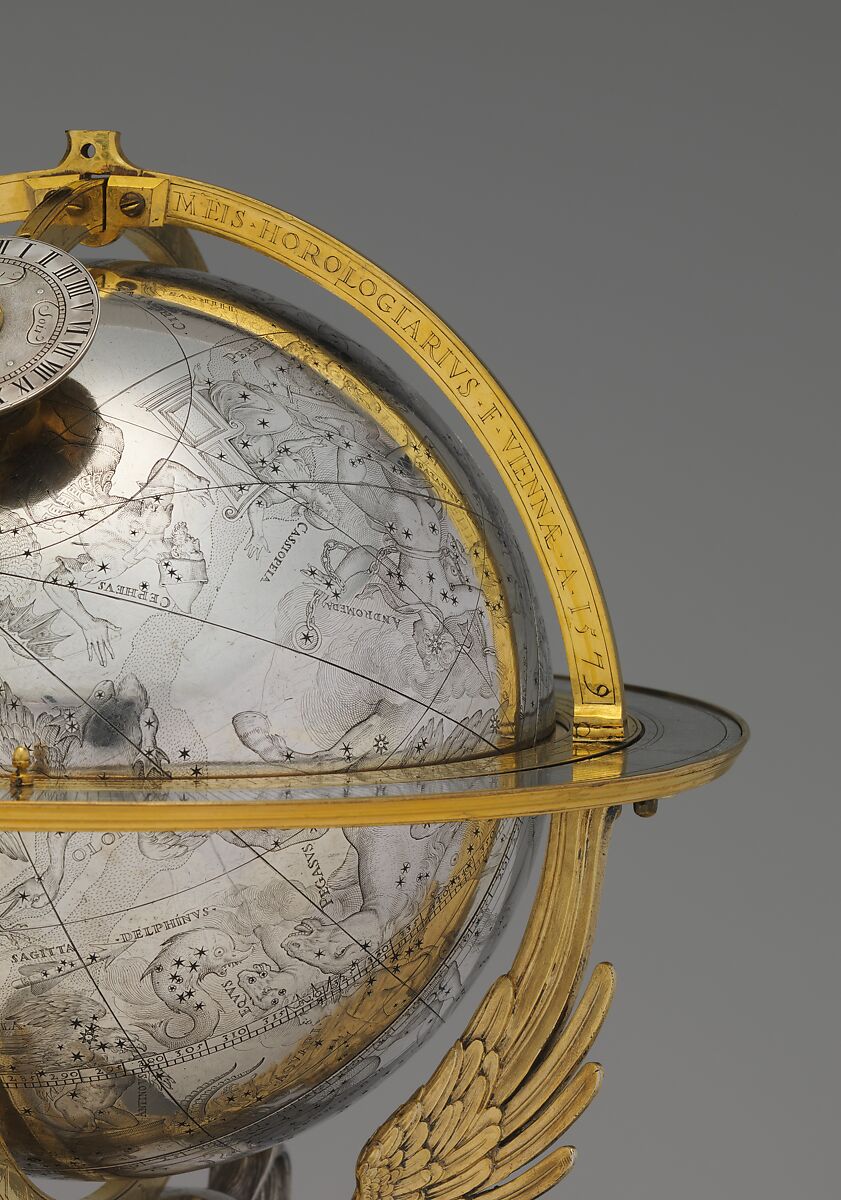 Celestial globe with clockwork, Gerhard Emmoser (German, active 1556–84), Case: partially gilded silver, gilded brass; movement: brass, steel, Austrian, Vienna